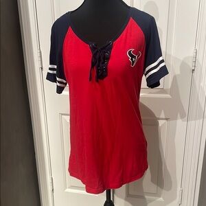 NFL Red and Blue Tie Front Top with Lace-Up V-Neck Houston Texans